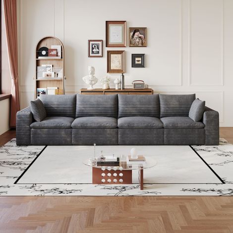 4-Sitzer-Komprimierungssofa, 340 cm, dunkelgrauer Cord, doppelter Komfort, keine Montage erforderlich, für das Wohnzimmer
