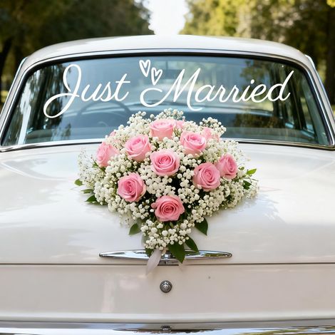 Pegatina para coche "Recién casados", pegatina blanca de vinilo PVC para parachoques, elegante decoración para el coche de la boda de los novios. (1/5)