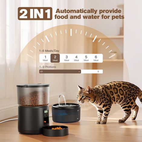 Distributeur automatique de croquettes et fontaine à eau pour chat, 2 en 1 avec minuterie programmable, système anti-bourrage et enregistrement vocal, capacité 3L et 2.4L