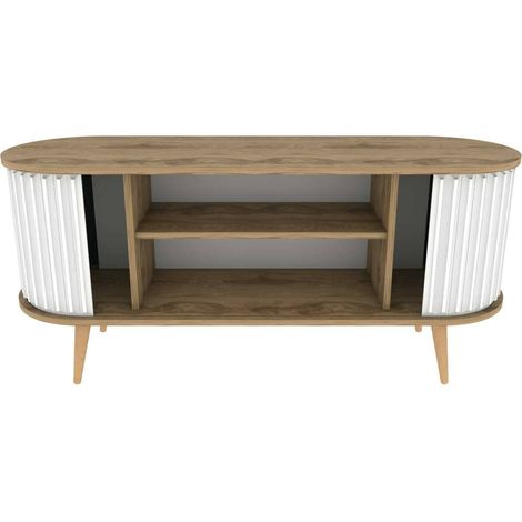 Dmora - Mobile porta TV Bailu, Credenza da soggiorno, Armadio basso per TV, Base parete attrezzata, 140x43h64 cm, Quercia e Bianco (1/5)