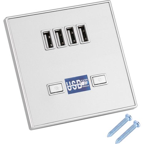 Prise Murale USB 4 Ports Avec Interrupteur Et Lumière LED Pour Chantier De Construction 220V Argent (1/5)