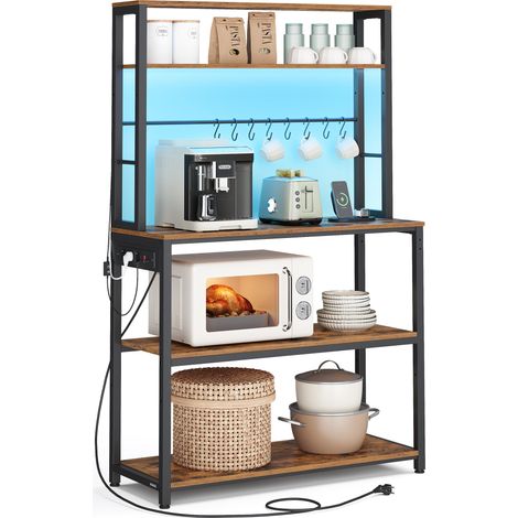 Vasagle – Étagère de cuisine avec éclairage LED – Multiprise 3 prises + USB – Étagères réglables – Structure acier – 40 x 80 x 168,4 cm – Marron rustique