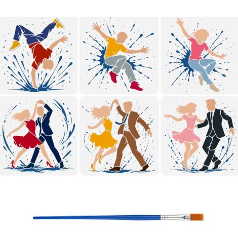 6Pcs Pochoir de Peinture de Personnages Dansants Avec Pinceau 30x30cm 6 Modèles de Partenaires de Danse de Style Graffiti Éclaboussures D'Eau Modèle de Dessin pour Bois Mur Tissu Meubles (1/5)