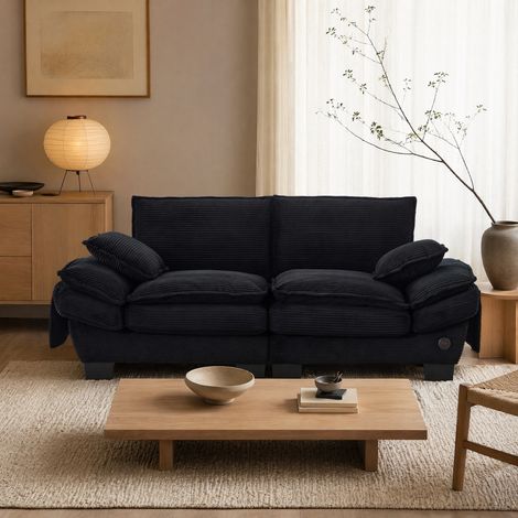 Canapé 2 places en velours côtelé noir 190 cm avec port USB-C et poches latérales (1/5)