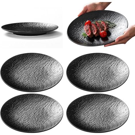 Lot de 4 assiettes plates noires : assiettes à gâteaux réutilisables de 20,2 cm, en faïence mélamine, assiettes plates rondes pour la cuisine, le petit-déjeuner, le dîner, la salade, les desserts et l (1/5)