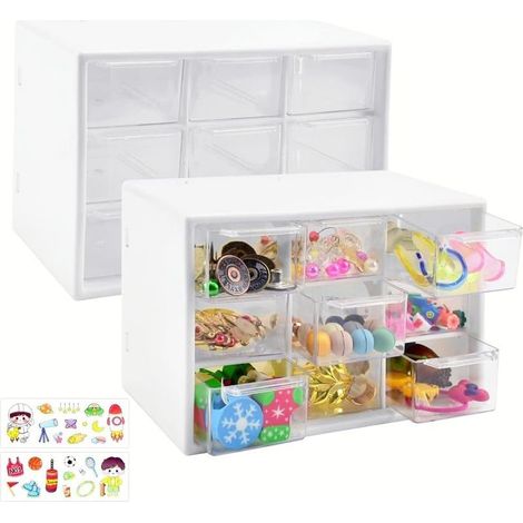 2 Pcs Casier Rangement Tiroir Plastique à 9 Compartiments Boîte Rangement Tiroir Bureau 18 10 11.8 cm Organiseur Bureau avec Tiroirs Tour Tiroir Plastique pour Outil Bricolage, Blanc (1/4)