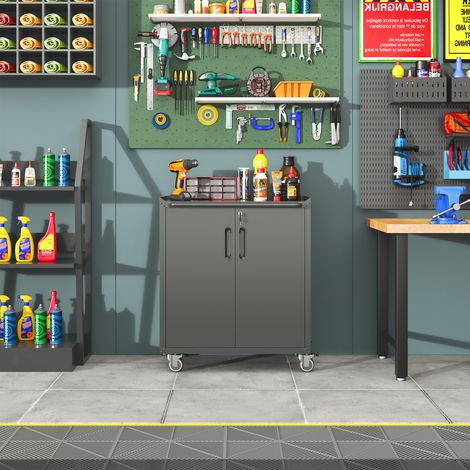 Armoire de rangement métallique robuste pour garage avec roulettes – Étagère autoportante en acier, 75 × 42 × 88 cm, avec roulettes et serrure – universelle pour garage, bureau, sous-sol, atelier (ass (1/5)