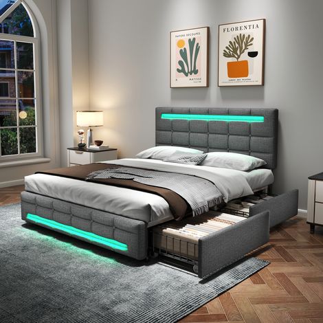 4ft6 Double Upholstered Bed with LED Lights,Storage Drawers,Adjustable Tufted Headboard,Grey