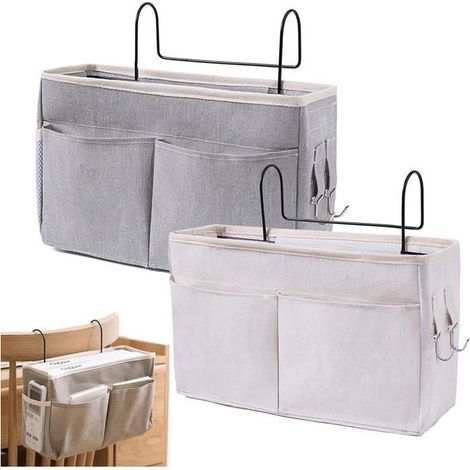 Lot de 2 organisateurs de lit multifonctionnels - Bureau, cuisine et chambre - Gris et beige (1/4)