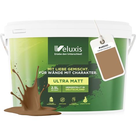 Wandfarbe Braun Beige Gold Matt Innenfarbe – Deckkraft Klasse 1, VOC-frei, Ohne Grundierung, Tropfarm – Wohnzimmer & Schlafzimmer – 2,5L – Veluxis (Certain Cinnamon)