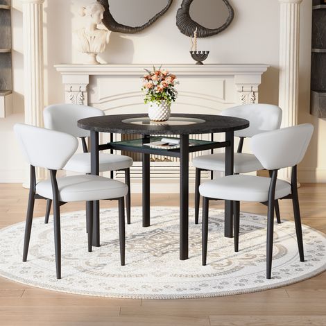 Ensemble table ronde 100 cm bois noir + 4 fauteuils polyuréthane blanc, dossier incurvé confortable — salon moderne minimaliste (1/4)