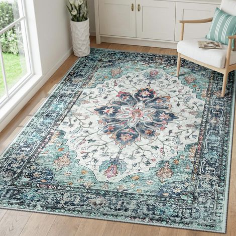 Vintage Tapis de Salon 90x150 cm Lavable Bleu/Vert/Marine/Rouge Tapis Salon, Tapis Chambre, Lavable en Machine, Vintage, Boho, Rétro, Antidérapant, Cuisine, Salle à Manger, Douce, OEKO (1/5)