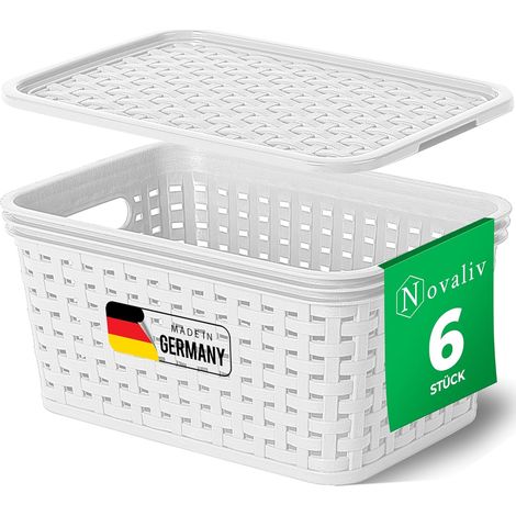 Novaliv lot de 6 boîtes de rangement avec couvercles, mini panier 2L, blanc en rotin, panier de rangement alimentaire, boîtes empilables, plastique