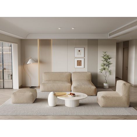 Canapé d'angle modulable avec fauteuil et pouf en velours côtelé beige NOUMARA (1/5)