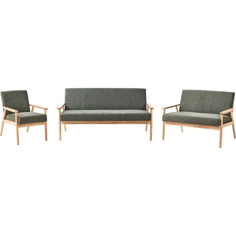 Living Room Set Green and Light Brown Polyester Fabric Upholstery Retro Design Wooden Frame Armrests Living Room ESRUM