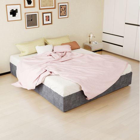 Letto moderno minimalista 160x200 cm, tessuto grigio e metallo, con testiera geometrica e rete a doghe (1/5)