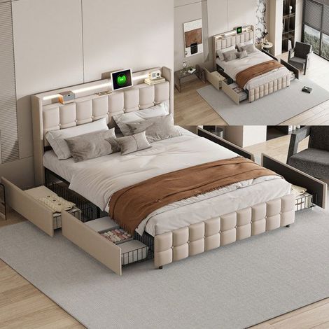 Cama 160x200 cm - Contemporáneo - Beige - LED y USB - Cajones de almacenamiento integrados