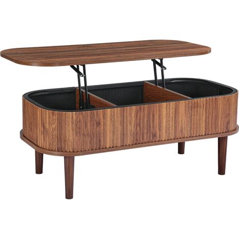 Table basse ovale relevable en bois noyer avec 3 compartiments, style rétro, idéale pour maison et bureau, montage facile. (1/5)