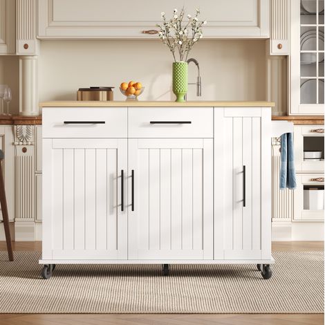 Isla de cocina 120x40x90 cm blanco y natural en MDF con hoja abatible, ruedas y organizador extraíble (1/5)