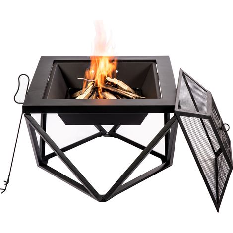 Teamson Home Jardín, Brasero de Leña Grande, Hoguera para Leña Al Aire Libre, Meubles De Exterior, Chimenea de Metal, Calentador De Hoguera, Quemador de Leña con Atizador y Tapa, Negro Geométrico (1/5)