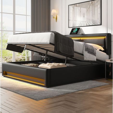 Letto imbottito 160x200 cm nero in PU con ricarica USB, illuminazione LED e contenitore (1/5)