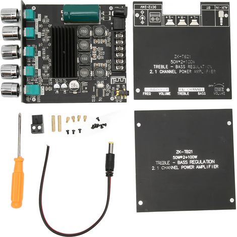 Amplificateur Audio Bluetooth 5.0 2x50W avec Subwoofer, Module Ampli 2.1 Canaux sans Fil pour Home Cinéma, AUX/USB
