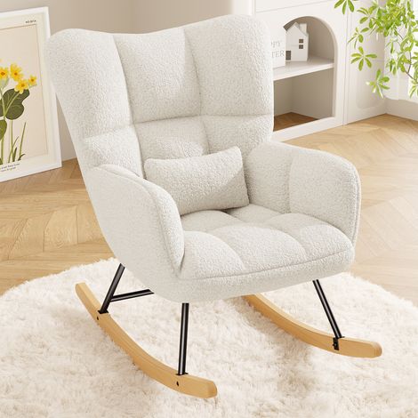 Hawthyhome Fauteuil à bascule blanc moelleux, coussin lombaire, accoudoirs incurvés, bois massif 136 kg, pour lecture, salon et détente (1/5)