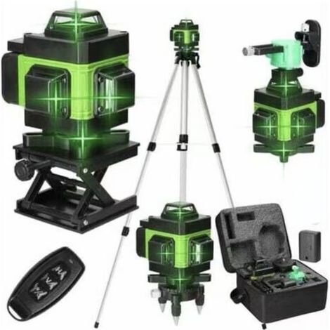 Niveau laser 4D, 16 lignes, réglable 3 hauteurs, avec batteries rechargeables et rallonge 1,2m - Vert (1/4)