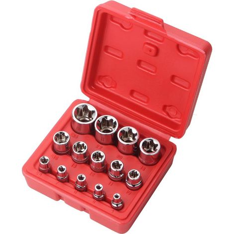 Lntyq Lot de 14 douilles femelles E-Torx en forme d'étoile 1/4", 3/8", 1/2", ensemble de douilles dynamométriques extérieures E4-E24 avec étui rouge
