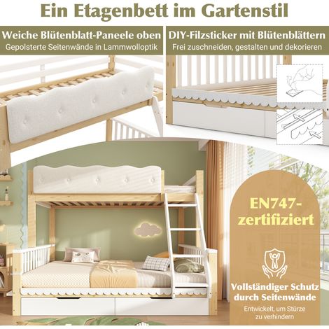 Lit superposé bois 90x200/140x200 cm, barrière nuage, tiroirs et porte-revues, lit familial enfant et adulte, norme EN 747:2024, blanc chêne, sans matelas (1/5)