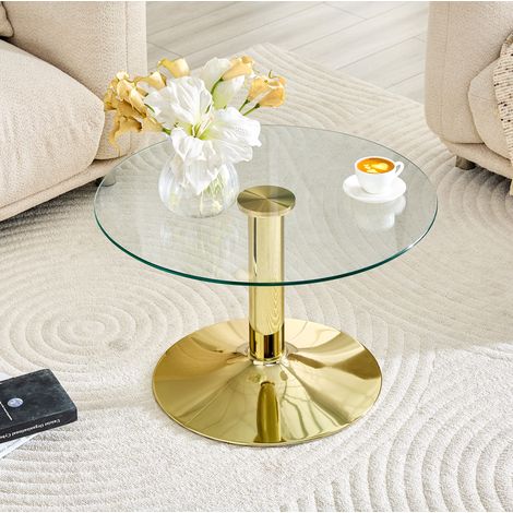 Table basse ronde 70x70x45 cm en verre et métal doré, gain de place pour salon FloraGrace (1/5)