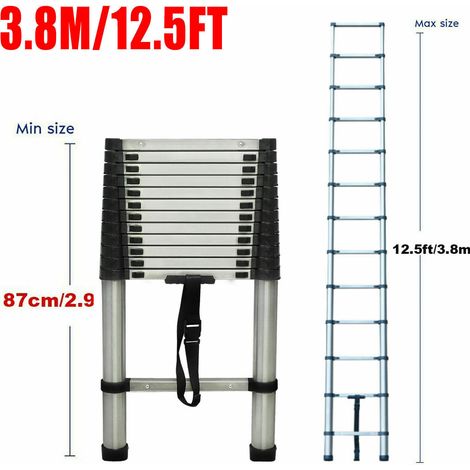 Dayplus – Échelle télescopique 3,8 m – Acier inoxydable – 13 marches – Charge maximale 150 kg – Antidérapante – Mécanisme de verrouillage simple