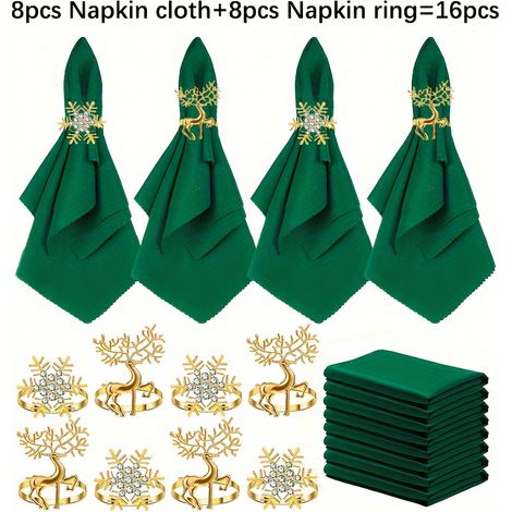 Ensemble de 16 pièces serviettes et anneaux de serviette de Noël, 8 serviettes et 8 anneaux dorés à motif flocon de neige et renne, pour décoration de (1/5)