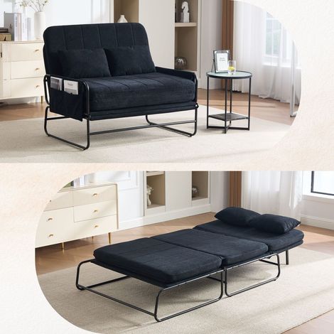Canapé-lit canapé convertible couchage d'appoint 2 places structure en métal rangement latéral revêtement en chenille coloris noir (1/5)
