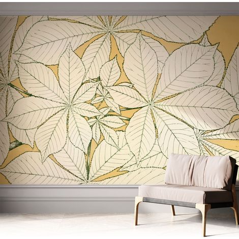 Tapete adhésive moderne pour salon et chambre à coucher Décoration rapide avec colle Feuilles de châtaignier 312x219 cm (1/5)