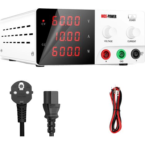 Fuente de alimentación, voltaje ajustable, corriente constante, 60V 10A, blanca (1/2)