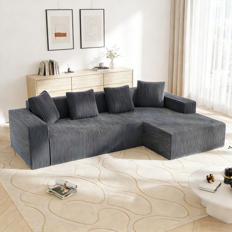 Seyakany Canapé modulaire 3 place,Canapé d'angle en L avec d'assise profonde,canapés de compression,Tissu velours côtelé,261x146x65cm(Gris)