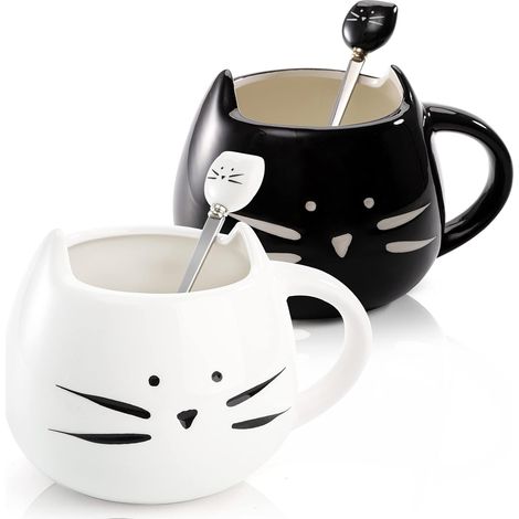 Tasse À Café - Chat - Porcelaine - 35 Cl - Micro-Ondes Et Lave-Vaisselle - Blanc Et Noir - Lot De 2 (1/5)