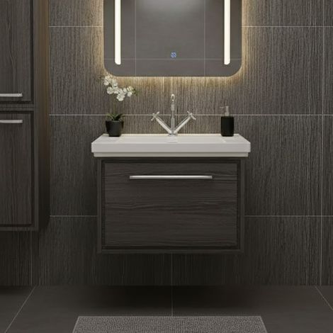 Hudson Reed Lille Wall Hung 1-Drawer Vanity Unit with 1TH Classique Basin 600mm Wide - Graphite Grey Woodgrain (1/5)
