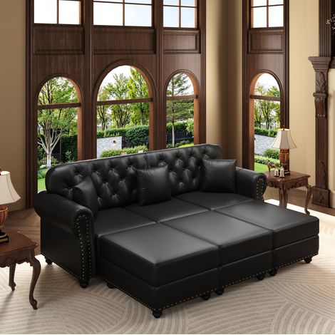 Canapé Chesterfield 3 places 210 cm en similicuir avec 3 poufs mobiles, noir OKMYHOME (1/5)