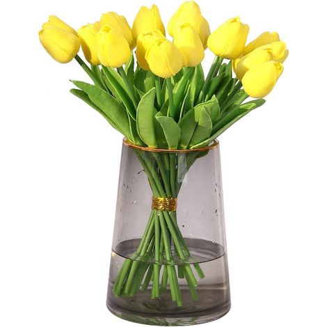 Lot de 20 tulipes artificielles en latex jaune, aspect réaliste, idéales pour les bouquets de mariage, la décoration de la maison et du jardin. (1/5)