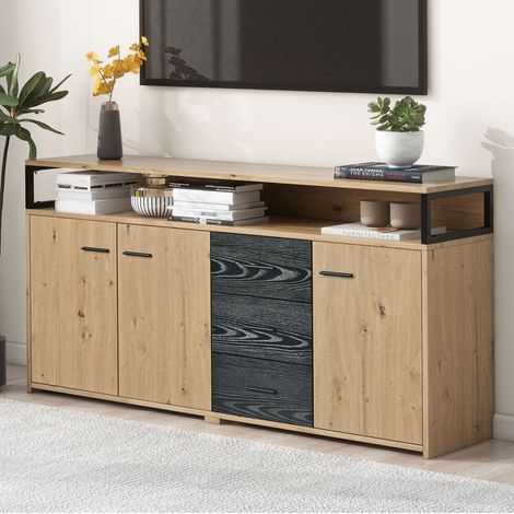 MEUBLIV Aparador de almacenaje 150x35x75,9 cm negro y madera – 3 puertas, 3 cajones (1/5)