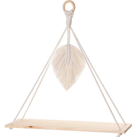 Étagère murale bohème en macramé avec planche en bois – Décoration murale suspendue (1/4)