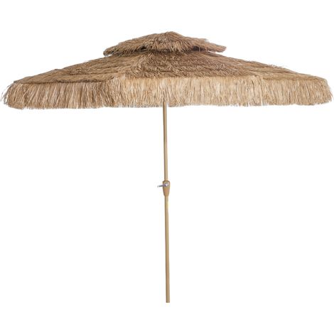 Parasol de jardin en paille, Ø 294 cm, droit, mat, 8 baleines métalliques, protection UV, avec manivelle jaune