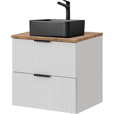 Waschtisch 60cm mit schwarzem Aufsatzbecken, weiß mit Eiche Nb., Front gerillt, ADELAIDE-56-WHITE (1/5)