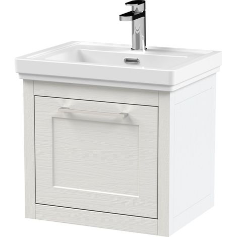 Blithbury Traditional Bathroom Wall Hung 1 Drawer Vanity Unit and 1 Tap Hole Fireclay Basin, 500mm, Woodgrain White