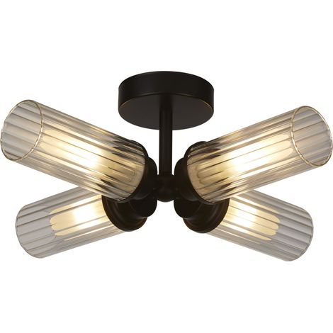 Searchlight Imperial Plafonnier encastré à 4 lumières, verre nervuré noir et transparent IP44 (1/5)