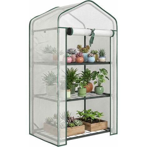 Gartenregal für Gewächshaus, 3 Ebenen, Maße 59 x 39 x 127 cm (L x B x H), pulverbeschichtetes Metall, grün, hochdichtes PE 140 g/m², weiß