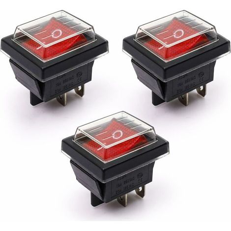 3 Stück rote Ein/Aus-Wippschalter mit wasserdichter Abdeckung 16A/250V 20A/125V AC (DPST) (1/5)