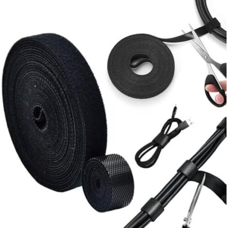 Câbles Réutilisables pour l'Organisation, 10 m, Attaches en Nylon, Adhésif Puissant, Bande Rangement, Serre-Câbles Électriques, Scratch la Maison et le Bureau (10 mm largeur) (Noir) - (1/5)